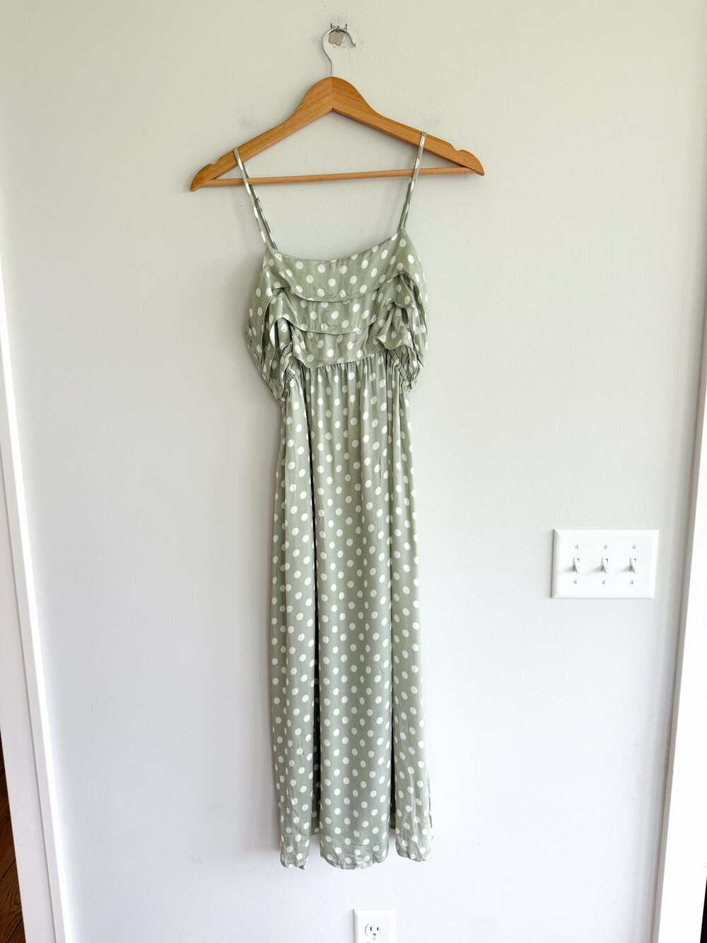 Anthropologie Polka Dot Layered Ruffles Sleeveless Maxi Dress Green S NWT